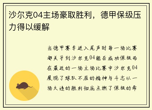 沙尔克04主场豪取胜利，德甲保级压力得以缓解